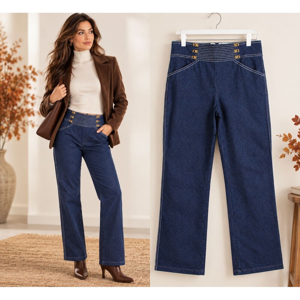 St John Collection Marie Gray Size 6 Dark Denim Jeans Gold Hardware Straight Leg